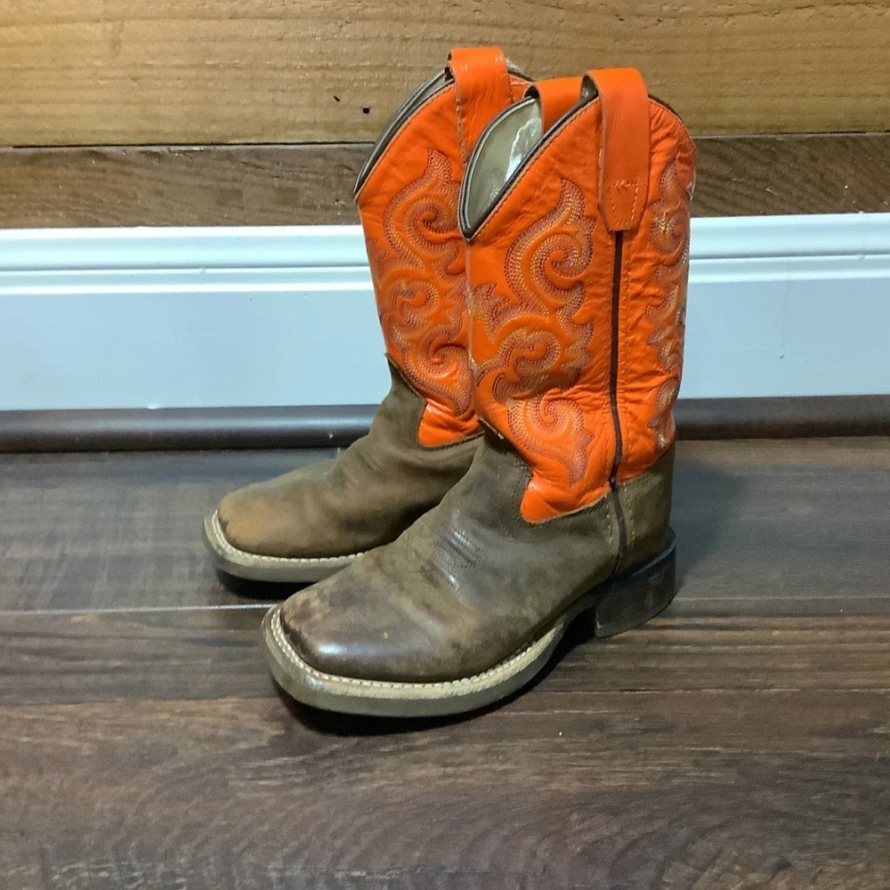 Cody James Kids Cowboy Boots Orange Brown Leather Square Toe BSC1867 Size 11D
